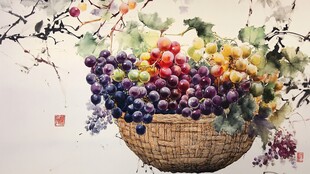 水墨葡萄图 竹篮中的多彩果实