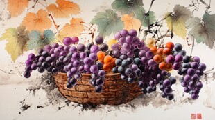 水墨风篮中紫葡萄画作