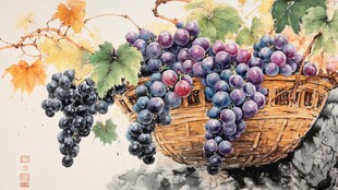 水墨绘篮中紫黑葡萄图