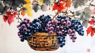 篮中紫葡伴红叶之景