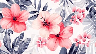 粉色花卉与蓝叶的清新图案