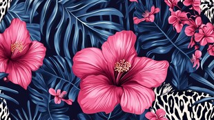 粉色扶桑与热带叶花纹图案