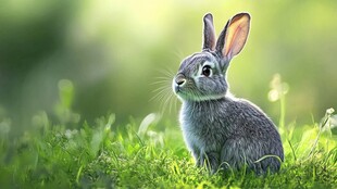 草地上的可爱灰兔子