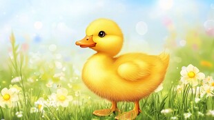 可爱小黄鸭漫步于花草间