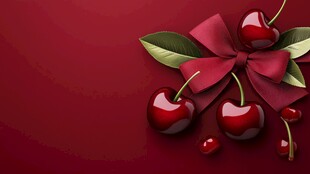 红底蝴蝶结装饰的鲜美樱桃