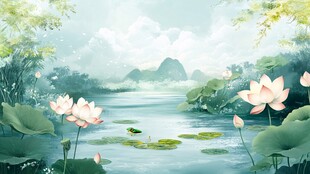 夏日荷塘山水诗意画卷