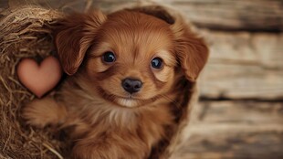 窝中的萌犬与爱心相伴