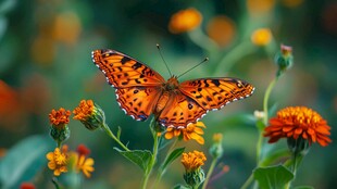 蝴蝶停栖于缤纷花朵间