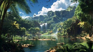 梦幻雨林中的瀑布景观