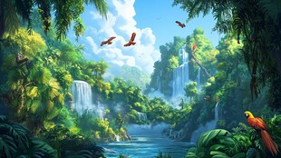 梦幻雨林瀑布飞鸟景观