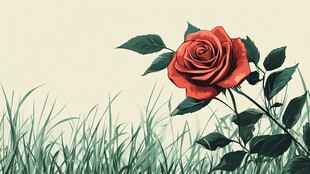 单枝红玫瑰立于青草间