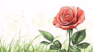 单枝红玫瑰绽放于绿草间