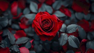 独枝红玫瑰绽于花叶间