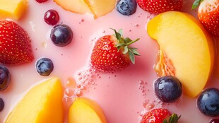 缤纷水果浸于粉色液体中