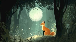 月夜森林中的独坐狐狸