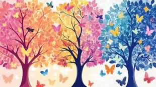 梦幻彩树与纷飞蝴蝶图景