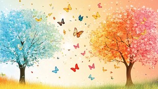 梦幻双树间飞舞的彩蝶