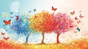 梦幻彩树与纷飞蝴蝶之景