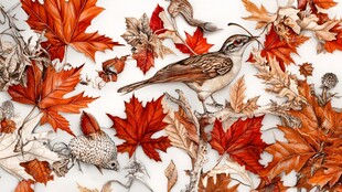 秋景中鸟儿与多彩枫叶