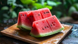 新鲜切块西瓜摆于木盘上
