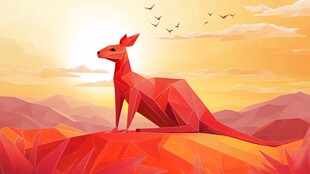 红色袋鼠立于壮丽山水间