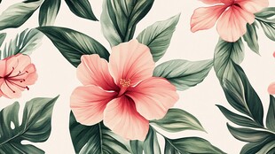 粉色扶桑花与绿叶图案