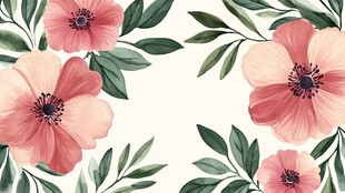 粉色花卉绿叶水彩插画