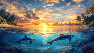 夕阳下海豚畅游的梦幻海域