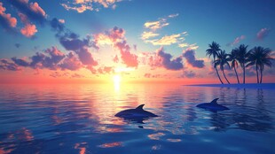 海上日落与海豚的梦幻景象