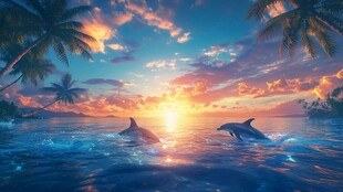 夕阳下海豚在海面嬉戏