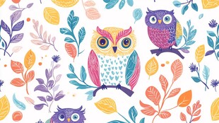 彩色猫头鹰与花叶图案