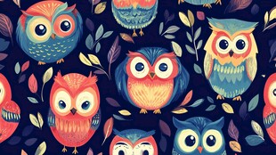 可爱猫头鹰与花叶图案背景