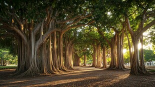 阳光洒落的繁茂古树林道