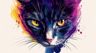 彩色水彩风格黑猫肖像