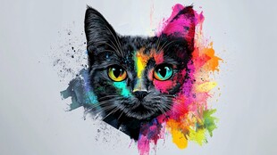 彩色泼墨黑猫艺术形象