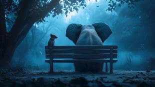 大象与小狗静谧共坐时刻