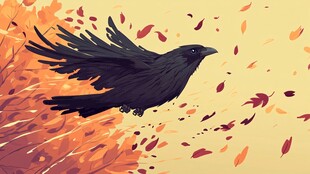 秋景中飞翔的黑色鸟儿