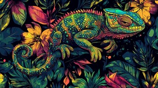 五彩变色龙栖息繁茂植物间