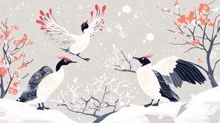 雪中丹顶鹤与繁花共舞