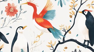 花鸟同枝的梦幻动物图景