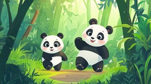 熊猫母子漫步森林间