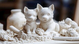 双猫陶塑展现灵动姿态