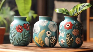 蓝绿花饰陶瓷花瓶三件套