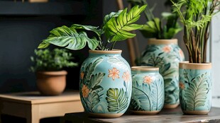 蓝绿花卉陶罐中的生机绿植