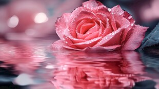 带露玫瑰静卧水面