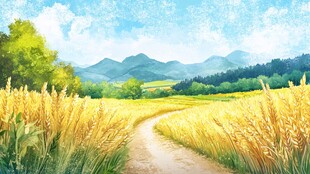 麦田间的小径与远方山峦