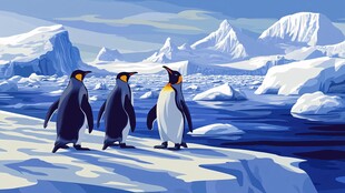 三只企鹅站在冰雪世界中