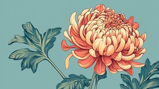 橙色菊花与绿叶插画