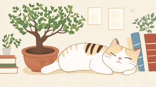 猫咪惬意躺卧绿植旁