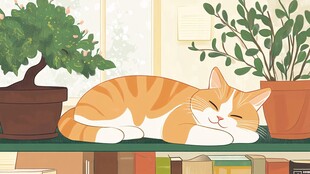 橘猫惬意躺卧绿植旁